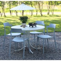 Spisegruppe Holmsund: Rundt hvitt bord inkludert 4 stk. Abbe stablebare stoler