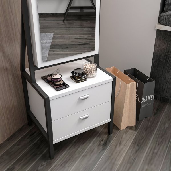 Elegant speil i full lengde med oppbevaring - Hvit + Kart med møbelpoter inkludert! Elegant speil i full lengde med oppbevaring - Hvit + Kart med møbelpoter inkludert!