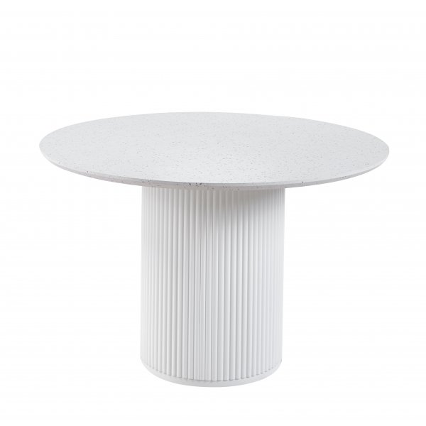 Spisegruppe Sand� spisebord �120 cm i hvit terrazzo med 4 Callum spisestoler i beige stoff