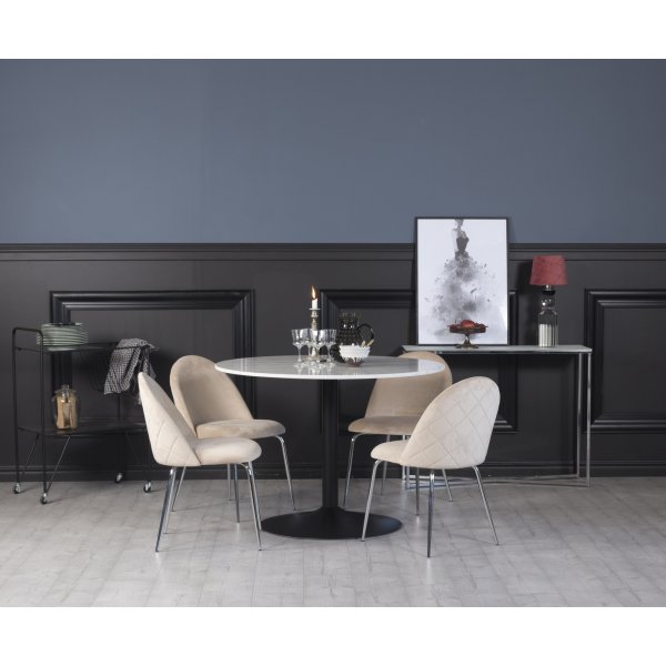 Plaza spisegruppe, marmorbord med 4 st Plaza flyelstoler - Beige/Krom/svart