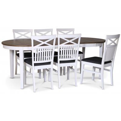Skagen spisegruppe; spisebord 160/210x90 cm - Hvit / brunoljet eik med 6 skagenstoler med kryss i ryggen og grtt stoffsete