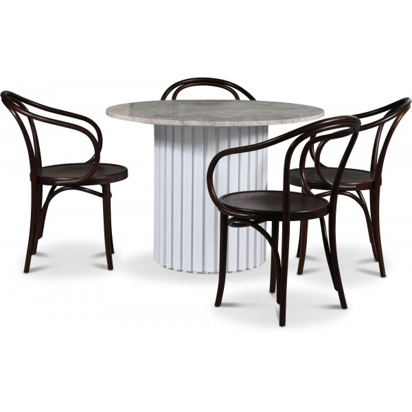 Empire spisegruppe 105 cm inkl. 4 stk. karmstoler No30 i byd tre - Slv Diana marmor / Hvit lamell trefot
