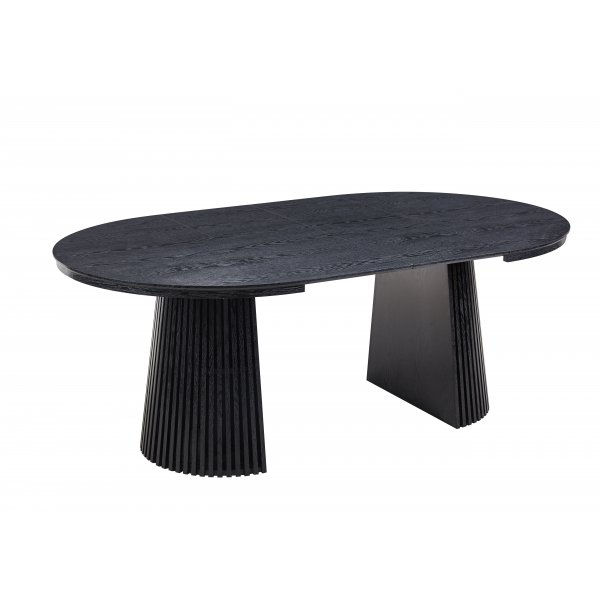 Spisegruppe Crossby uttrekkbart bord Ø120-200cm i svartbeiset eik med 8 Callum spisestoler i beige stoff Spisegruppe Crossby uttrekkbart bord Ø120-200cm i svartbeiset eik med 8 Callum spisestoler i beige stoff