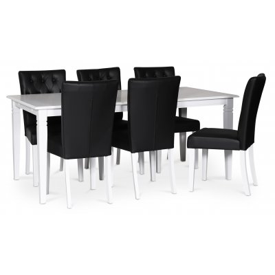 Sandhamn spisegruppe; 180x95 cm bord med 6 Crocket spisestoler i svart PU