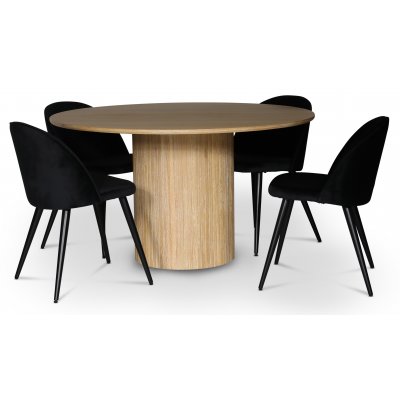 spisegruppe i Nordansjöen; rundt spisebord Ø130 cm + 4 Alice spisestoler, svart fløyel
