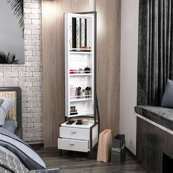 Elegant speil i full lengde med oppbevaring - Hvit + Kart med møbelpoter inkludert! Elegant speil i full lengde med oppbevaring - Hvit + Kart med møbelpoter inkludert!