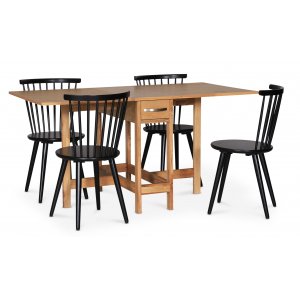 Fr spisegruppe; Fr klaffbord i eik med 4 svarte Castor pinnestoler