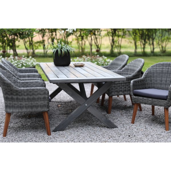 Oxford utend�rs spisegruppe: gr�tt bord 220 cm, inkludert 6 stk. Valetta lenestoler i gr� kunstrotting