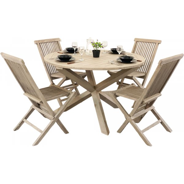 Salt utespisegruppe, rundt bord p 120 cm med 4 spisestoler - Gr teak
