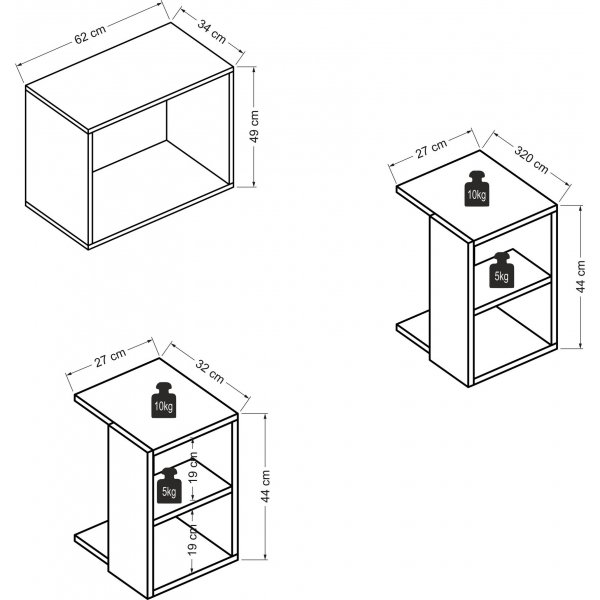 Bizayni spillebord 62x34 | 27x32 | 27x32 cm - Hvit/eik