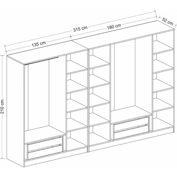 Cikani garderobe med speildrer, 315x52x210 cm - Antrasitt