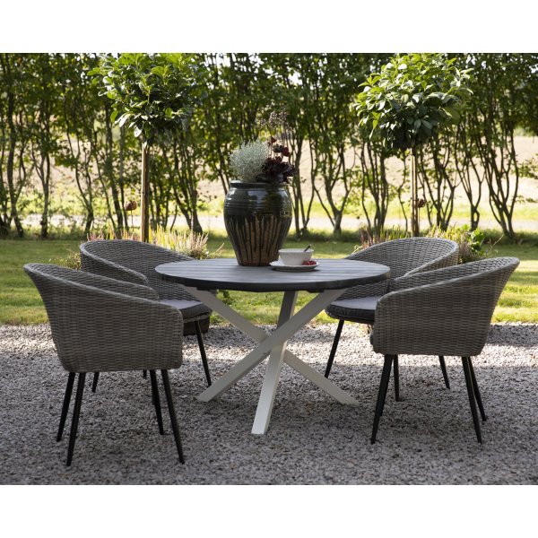 Utegruppe Aster: Scottsdale rundt gr/hvitt spisebord 112 cm inkludert 4 Aster lenestoler i gr syntetisk rotting