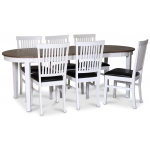 Skagen spisegruppe; spisebord 160/210x90 cm - Hvit / brunoljet eik med 6 stk Fr stoler med svart PU-sete