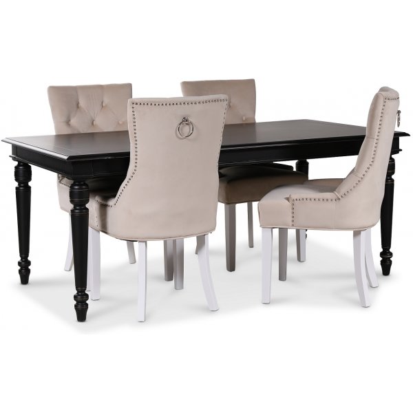 Paris spisegruppe svart bord med 4 Tuva Decotique stoler i beige flyel