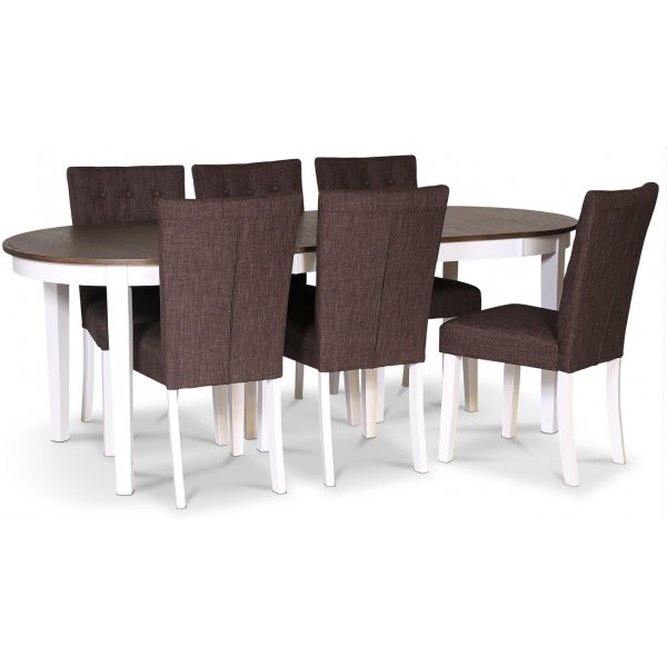 Skagen spisegruppe 160/210 x 90 cm inkl. 6 stk. Crocket brune spisestoler - Hvit/Brunoljet eik
