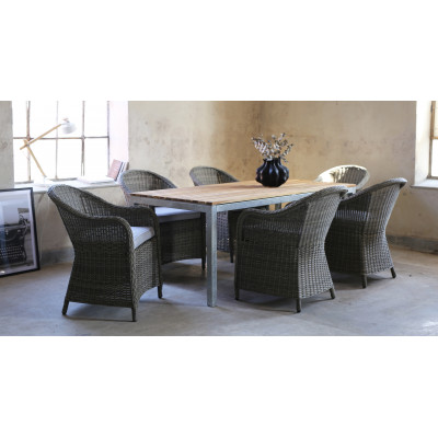 Spisegruppe Alva: Spisebord i teak/galvanisert stl med 6 Mercury lenestoler i gr kunstrotting
