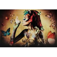 Glassbilde Woman with butterflies - Gul