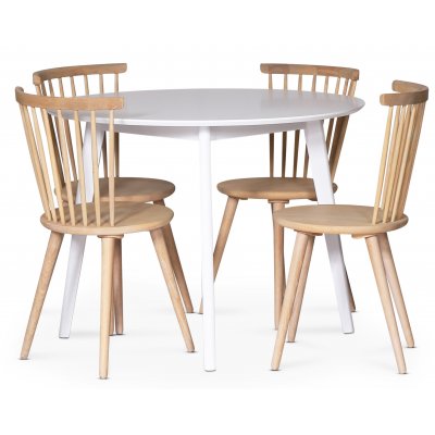 Sandhamn spisegruppe; rundt spisebord med 4 Castor spisestoler i whitewash + 3.00 x Mbelftter