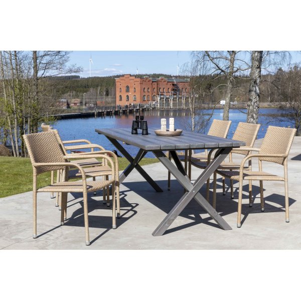 Scottsdale utespisegruppe med 6 stk karmstoler (stablebare) og spisebord 190 cm - Natur