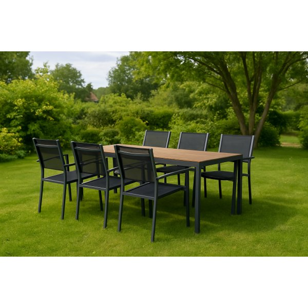 Spisegruppe: 6 stoler og spisebord 205 x 90 cm svart/naturfarget - Copacabana