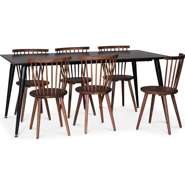 Dipp spisegruppe; spisebord, 180x90 cm med 6 Castor pinnestoler i valntt