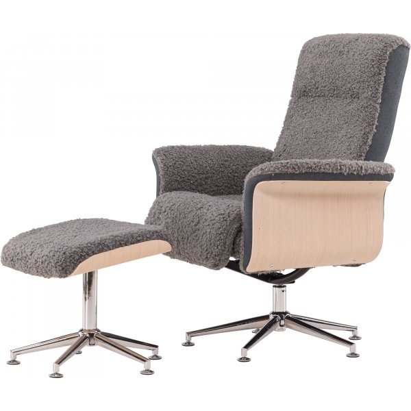 Lenestol med fotskammel - Grå saueskinnsimitasjon/hvitkalket eik Lenestol med fotskammel - Grå saueskinnsimitasjon/hvitkalket eik