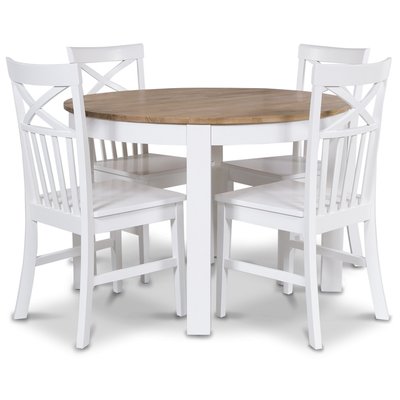 Dalar spisegruppe rundt bord hvit/eik + 4 Mellby stoler