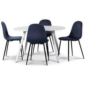 Rosvik spisegruppe, spisebord med 4 stk Carisma fløyelsstoler - Hvit/Blå