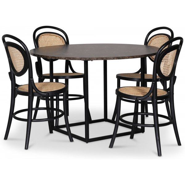 Sintorp spisegruppe, rundt spisebord 115 cm inkludert 4 stk. Alicia stoler i byd tre  Brown marmor (Laminat)
