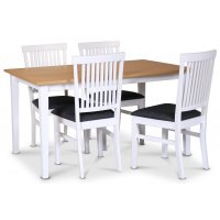 Fårö spisegruppe; spisebord 140x90 cm - Hvit / oljet eik med 4 Fårö spisestoler med ribber i ryggen, sete i grått stoff Fårö spisegruppe; spisebord 140x90 cm - Hvit / oljet eik med 4 Fårö spisestoler med ribber i ryggen, sete i grått stoff
