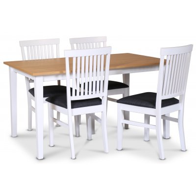 Fårö spisegruppe; spisebord 140x90 cm - Hvit / oljet eik med 4 Fårö spisestoler med ribber i ryggen, sete i grått stoff