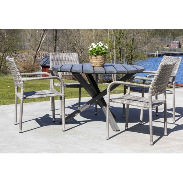 Scottsdale utespisegruppe med 4 stk karmstoler (stablebare) og spisebord 112 cm - Gr kunstrotting