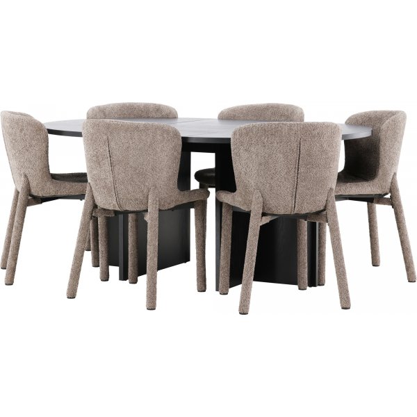 Spisebord Strada med 6 Astoria stoler - Brun/svart + 4.00 x Møbelføtter Spisebord Strada med 6 Astoria stoler - Brun/svart + 4.00 x Møbelføtter