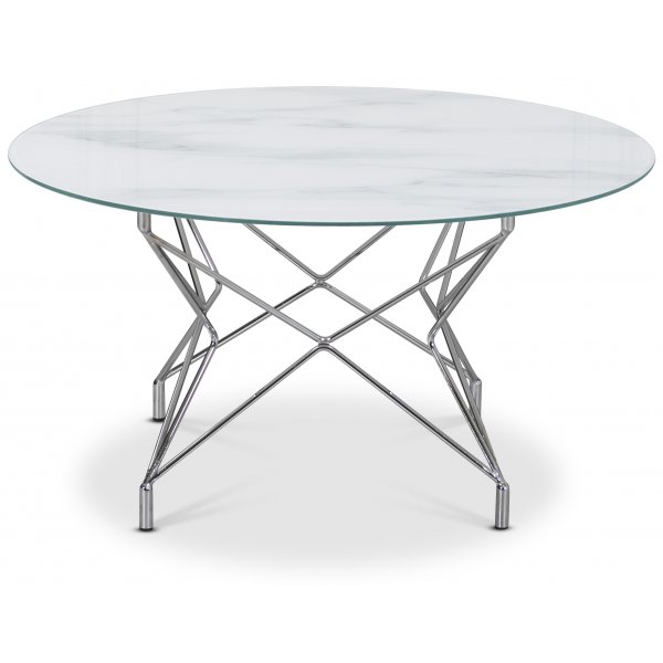 Stuebord Star 90 cm - Hvitt marmorert glass / forkrommet understell Stuebord Star 90 cm - Hvitt marmorert glass / forkrommet understell