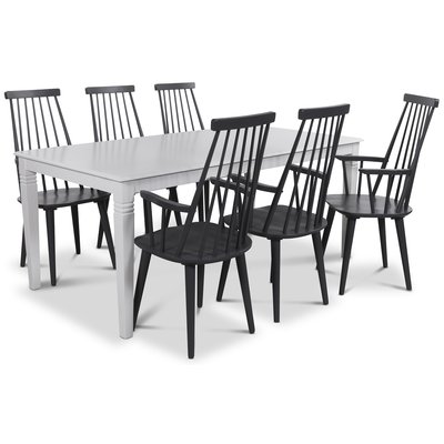 Mellby spisegruppe 180 cm bord med 6 sorte Dalsland Cane stoler med armlener