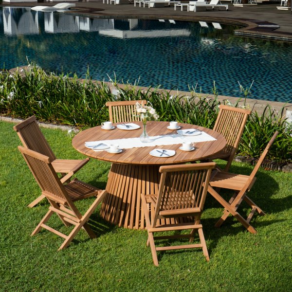 Salt spisegruppe for uteplassen rundt 150 cm bord med 6 stk. spisestoler - Teak