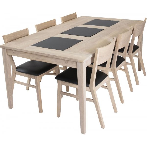 Visings spisegruppe inkl. 6 stk Flen stoler - Hvitoljet eik/granitt