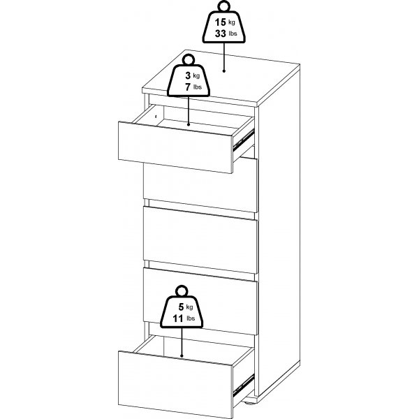 Nova kommode hvit med 5 skuffer 40 cm bred og 106,5 cm høy + Møbelføtter Nova kommode hvit med 5 skuffer 40 cm bred og 106,5 cm høy + Møbelføtter