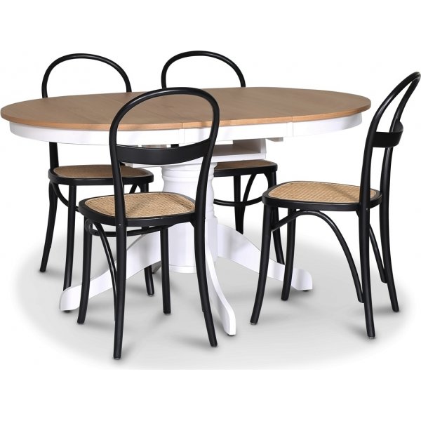 Fitchburg spisegruppe; Ovalt spisebord 106-141 cm - Hvit / Oljet eik med 4 stk Danderyd No.16 spisestoler Svart