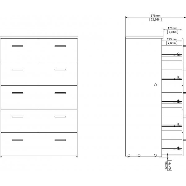 Space kommode hvit med 5 skuffer, bredde 74 cm og høyde 115 cm Space kommode hvit med 5 skuffer, bredde 74 cm og høyde 115 cm