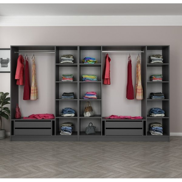 Cikani garderobe med speildrer, 315x52x210 cm - Antrasitt