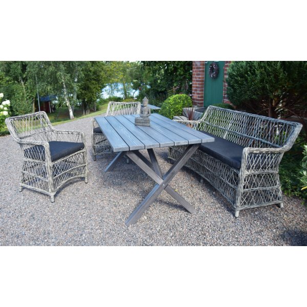 Spisegruppe Provence: Sofa, 2 stk. lenestoler og et scottsdale spisebord - Sement Spisegruppe Provence: Sofa, 2 stk. lenestoler og et scottsdale spisebord - Sement