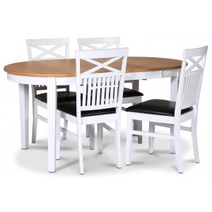 Fr spisegruppe; spisebord 160/210x90 cm - Hvit / oljet eik med 4 Fr stoler krysser i ryggen og sete i svart PU