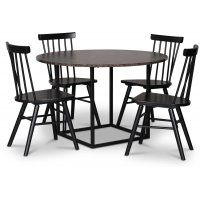 Sintorp spisegruppe, rundt spisebord Ø115 cm inkludert 4 stk. svarte Orust pinnestoler – Brun marmor (Laminat)