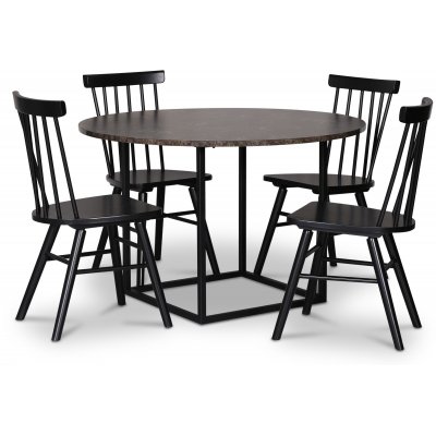 Sintorp spisegruppe, rundt spisebord Ø115 cm inkludert 4 stk. svarte Orust pinnestoler – Brun marmor (Laminat) + Flekkfjerner for møbler