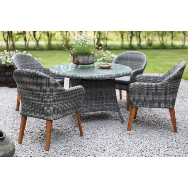 Jacksonville utend�rs spisegruppe; 110 cm rundt bord inkludert 4 stk. Valetta lenestoler i gr� kunstrotting.