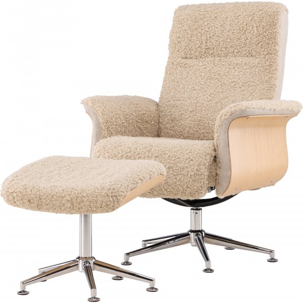 Lenestol med fotskammel - Beige saueskinnsimitasjon/oljet eik + Tekstilpleie for møbler Lenestol med fotskammel - Beige saueskinnsimitasjon/oljet eik + Tekstilpleie for møbler