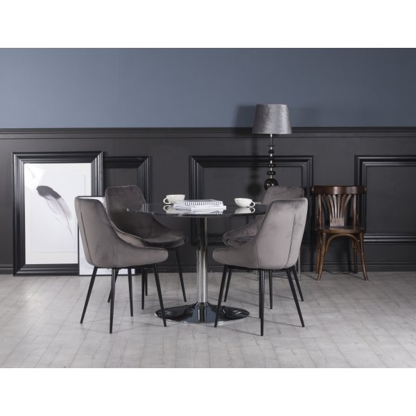 Plaza spisegruppe, marmorbord med 4 st Theo flyelstoler - Gr/Krom