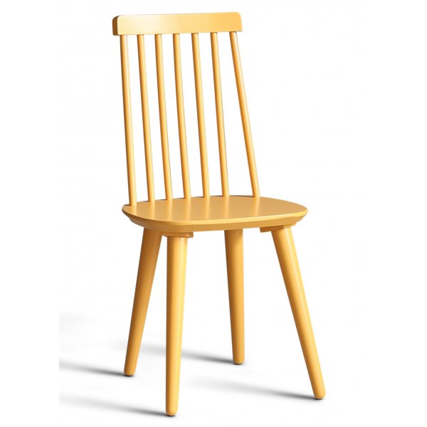 Spisegruppe: Rundt bord i eik / hvit med 4 gule kurvstoler