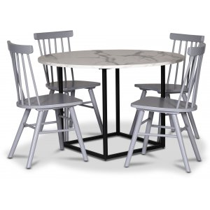 Sintorp spisegruppe, rundt spisebord Ø115 cm inkludert 4 stk. grå Orust pinnestoler - Hvit marmor (Laminat) Sintorp spisegruppe, rundt spisebord Ø115 cm inkludert 4 stk. grå Orust pinnestoler - Hvit marmor (Laminat)